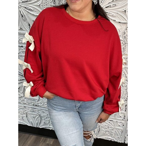 Contrast Bow Round Neck Long Sleeve Sweatshirt - Picture 4 of 5